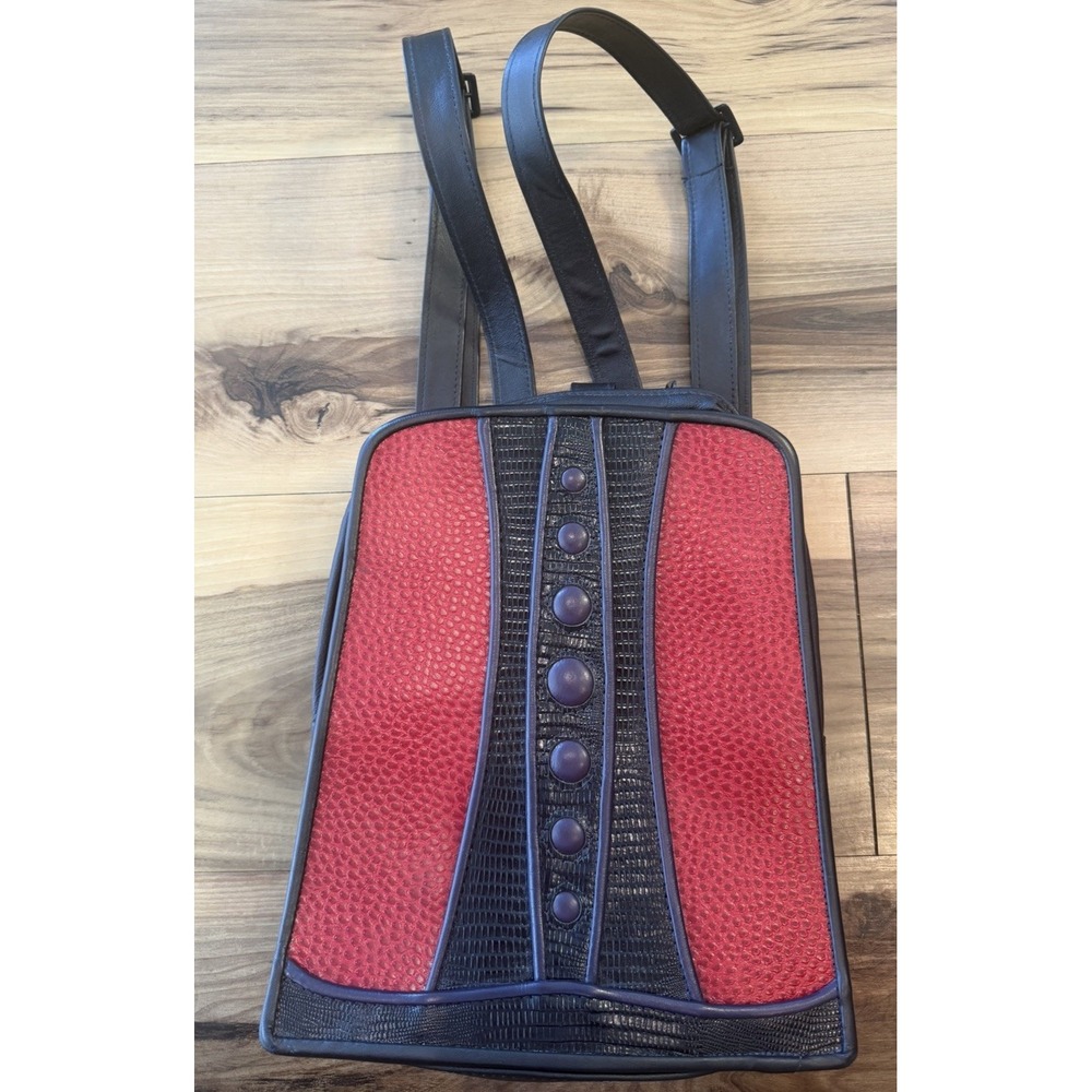 Greg Roche Signed 2010 Leather Backpack Red Black Embossed Vintage Artisan
